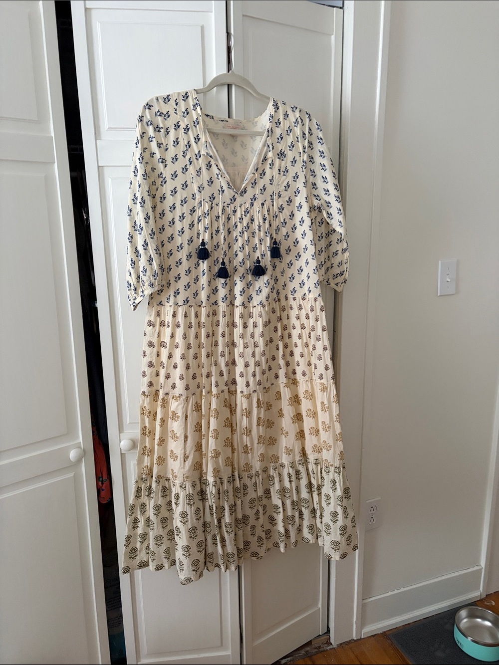 Pink Chicken Cream Tiered Midi Dress with Navy Tassels and Multicolor Prints